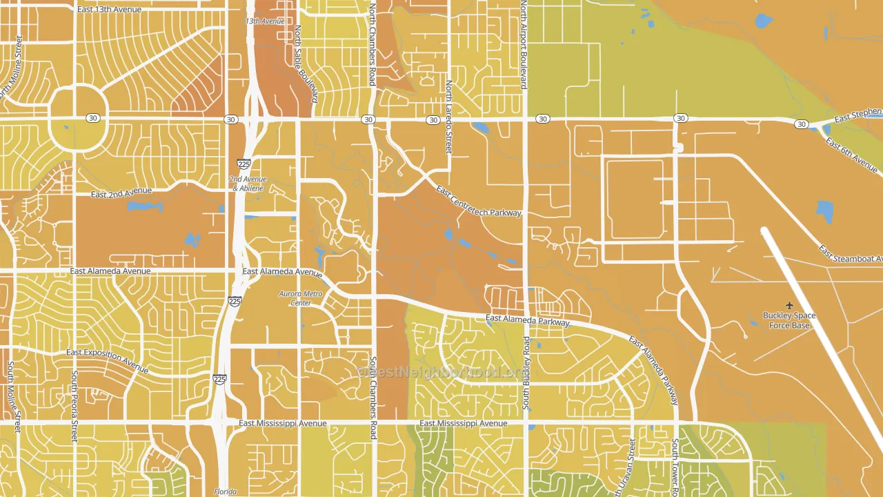 Map of the best neighborhoods in the Centretech, Aurora area, with better matches in green and worse matches in red