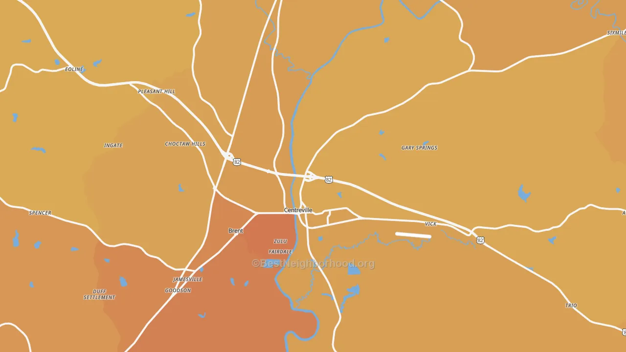 Map of the best neighborhoods in the Centreville area, with better matches in green and worse matches in red