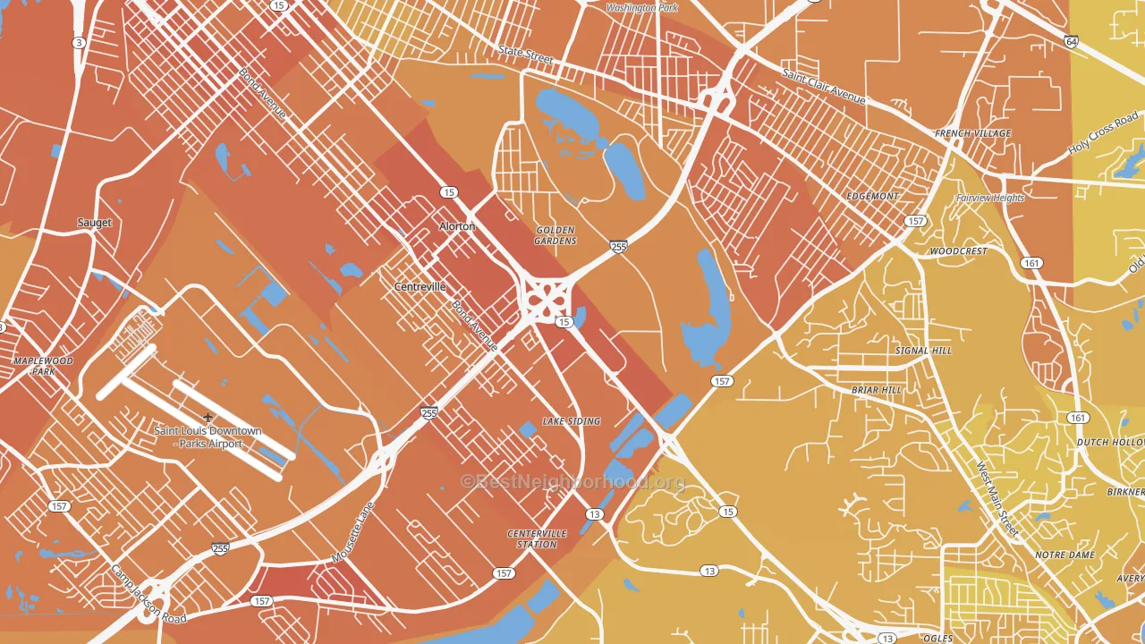 Map of the best neighborhoods in the Centreville area, with better matches in green and worse matches in red