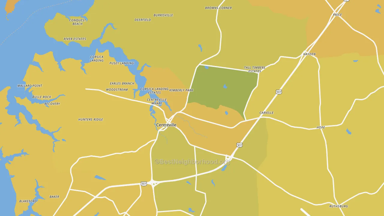 Map of the best neighborhoods in the Centreville area, with better matches in green and worse matches in red