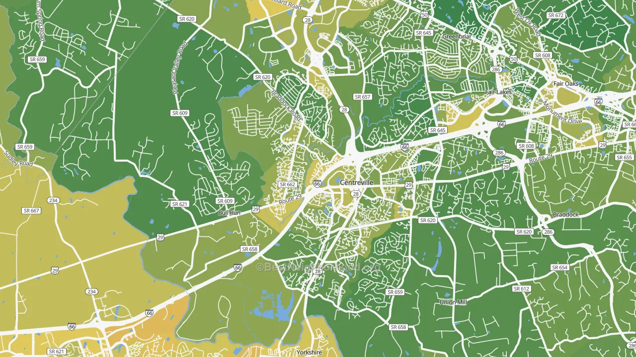 Map of the best neighborhoods in the Centreville area, with better matches in green and worse matches in red