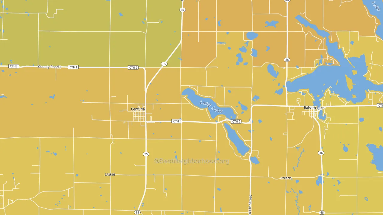 Map of the best neighborhoods in the Centuria area, with better matches in green and worse matches in red