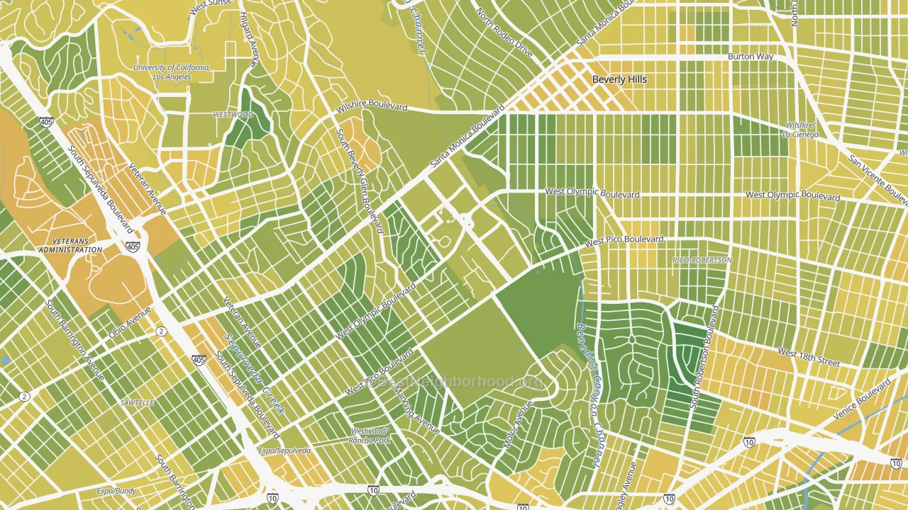Map of the best neighborhoods in the Century City, Los Angeles area, with better matches in green and worse matches in red