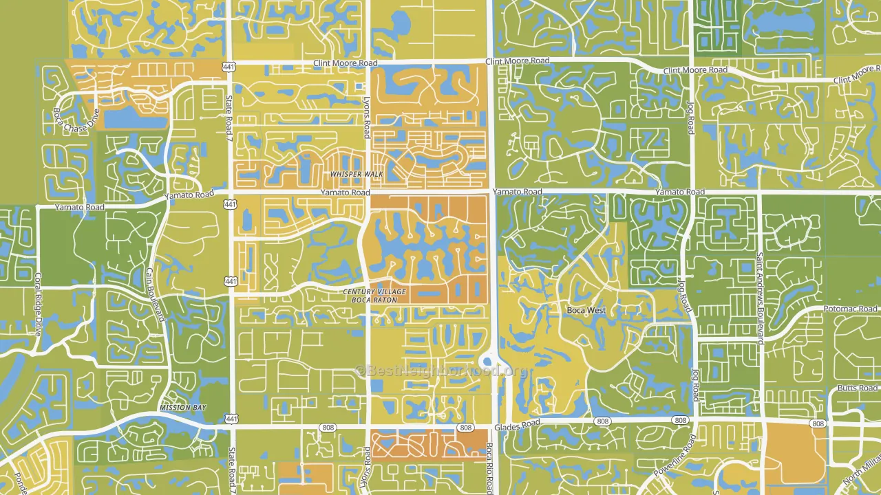 Map of the best neighborhoods in the Century Village West, Boca Raton area, with better matches in green and worse matches in red