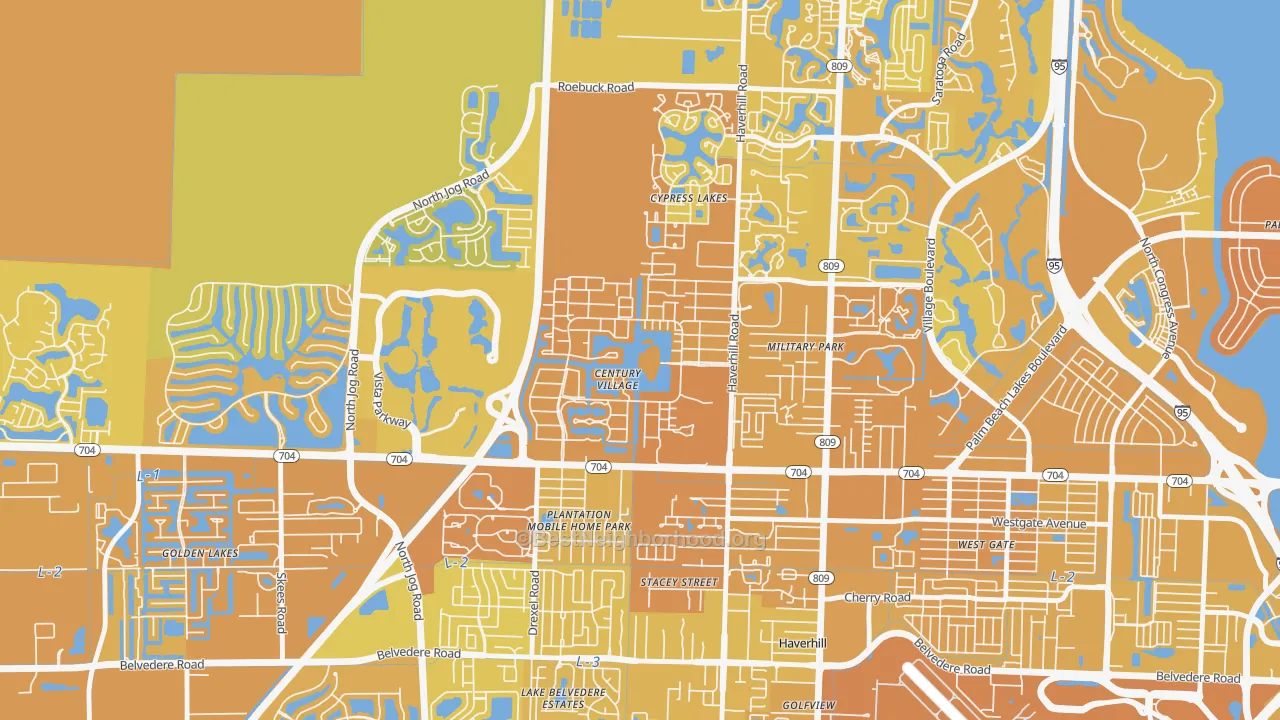 Map of the best neighborhoods in the Century Village, West Palm Beach area, with better matches in green and worse matches in red