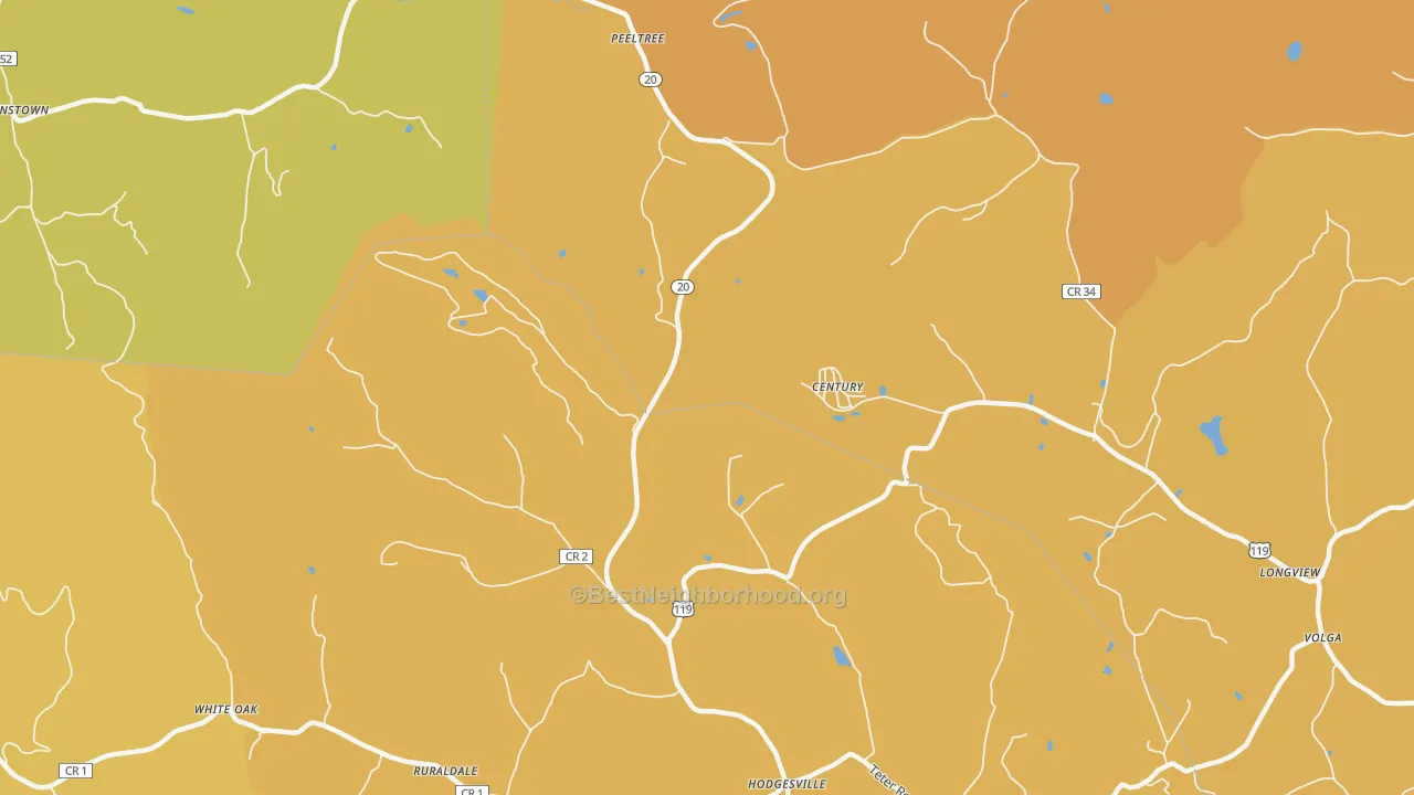 Map of the best neighborhoods in the Century area, with better matches in green and worse matches in red