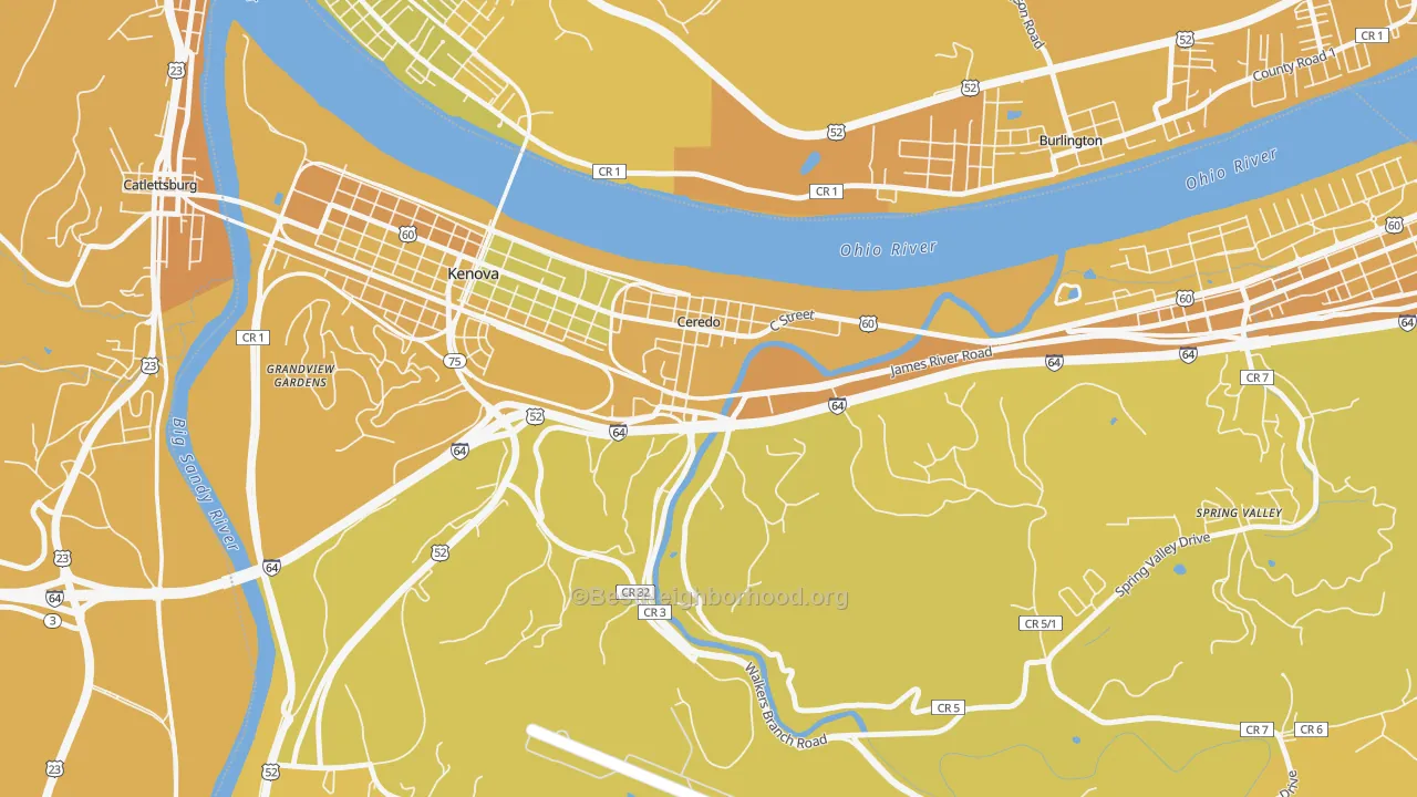 Map of the best neighborhoods in the Ceredo area, with better matches in green and worse matches in red