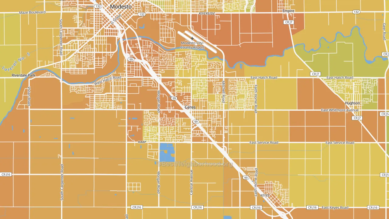 Map of the best neighborhoods in the Ceres area, with better matches in green and worse matches in red