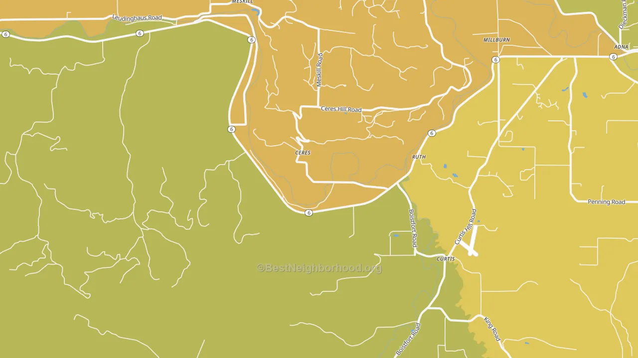 Map of the best neighborhoods in the Ceres area, with better matches in green and worse matches in red