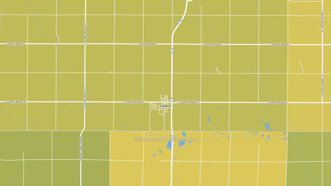 Map of the best neighborhoods in the Ceresco area, with better matches in green and worse matches in red