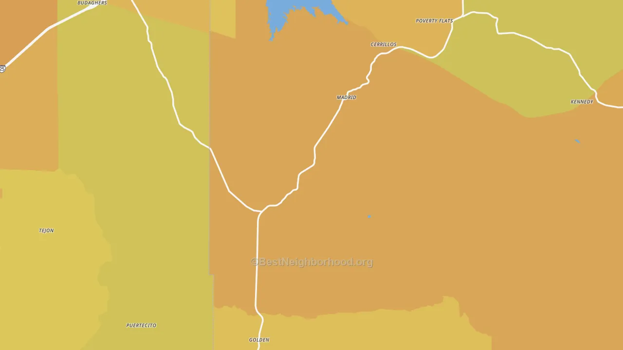 Map of the best neighborhoods in the Cerrillos area, with better matches in green and worse matches in red