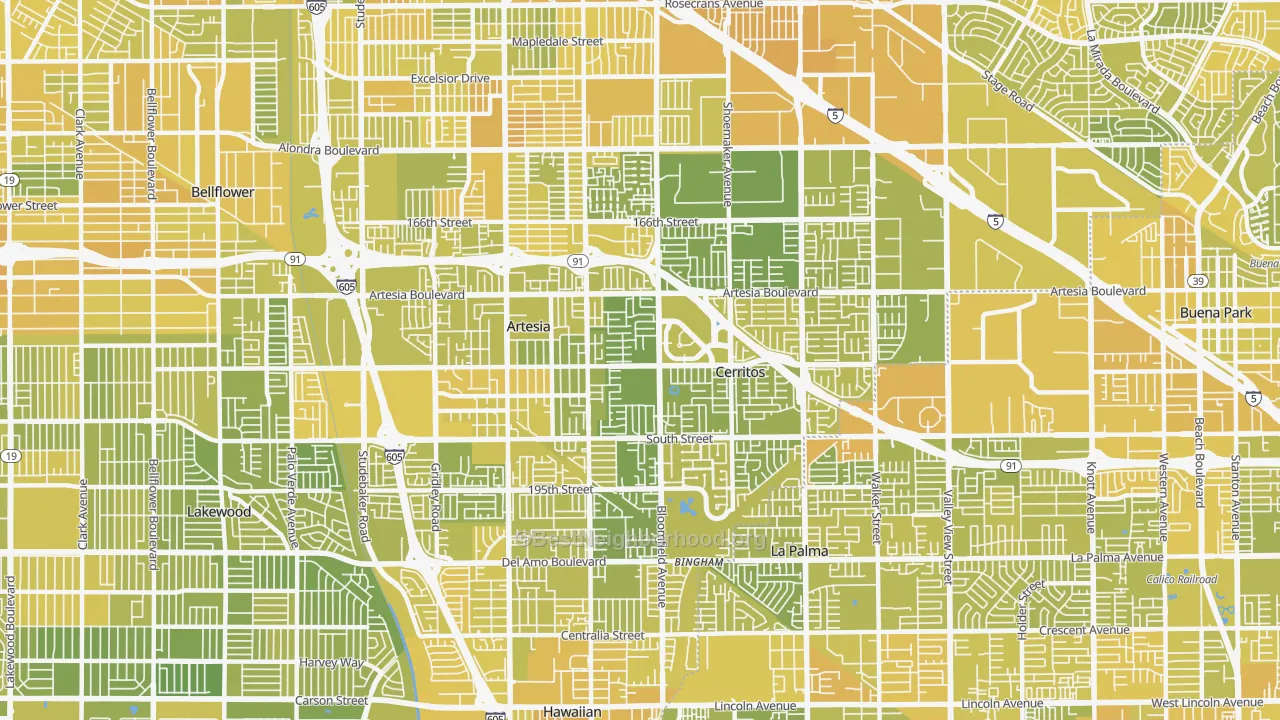 Map of the best neighborhoods in the Cerritos area, with better matches in green and worse matches in red