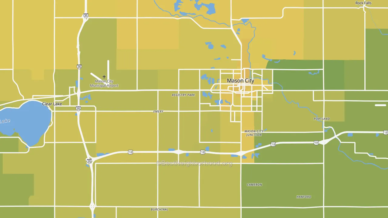 Map of the best neighborhoods in the Cerro Gordo County area, with better matches in green and worse matches in red