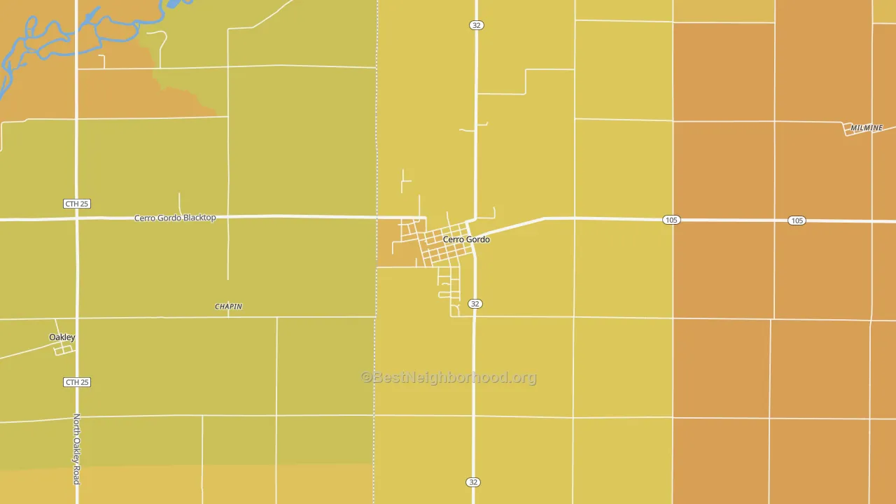 Map of the best neighborhoods in the Cerro Gordo area, with better matches in green and worse matches in red