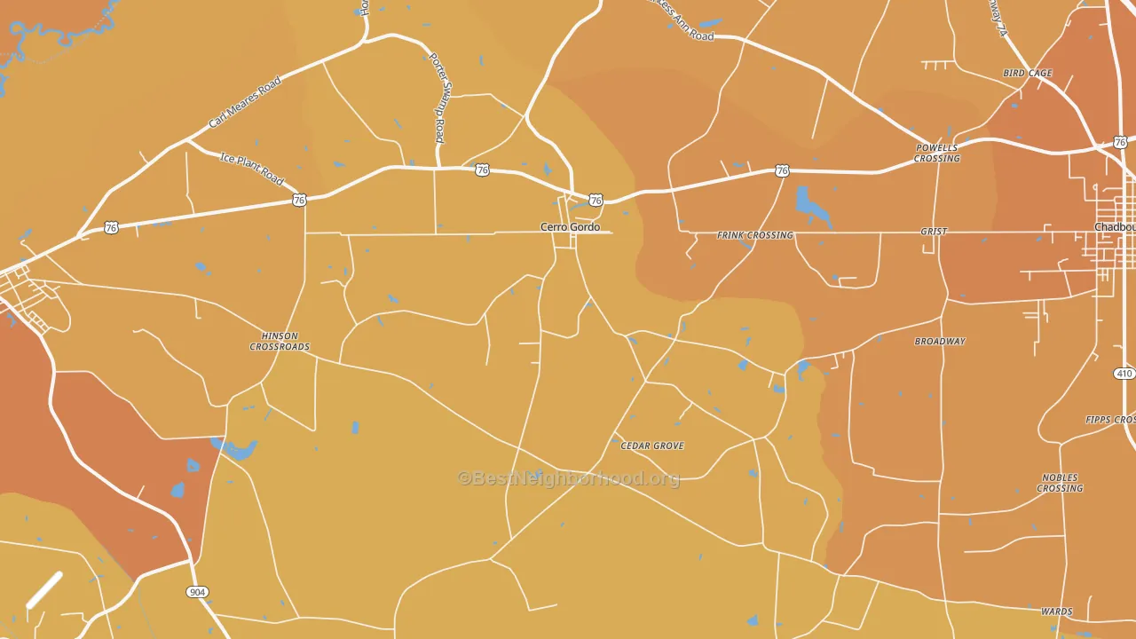 Map of the best neighborhoods in the Cerro Gordo area, with better matches in green and worse matches in red