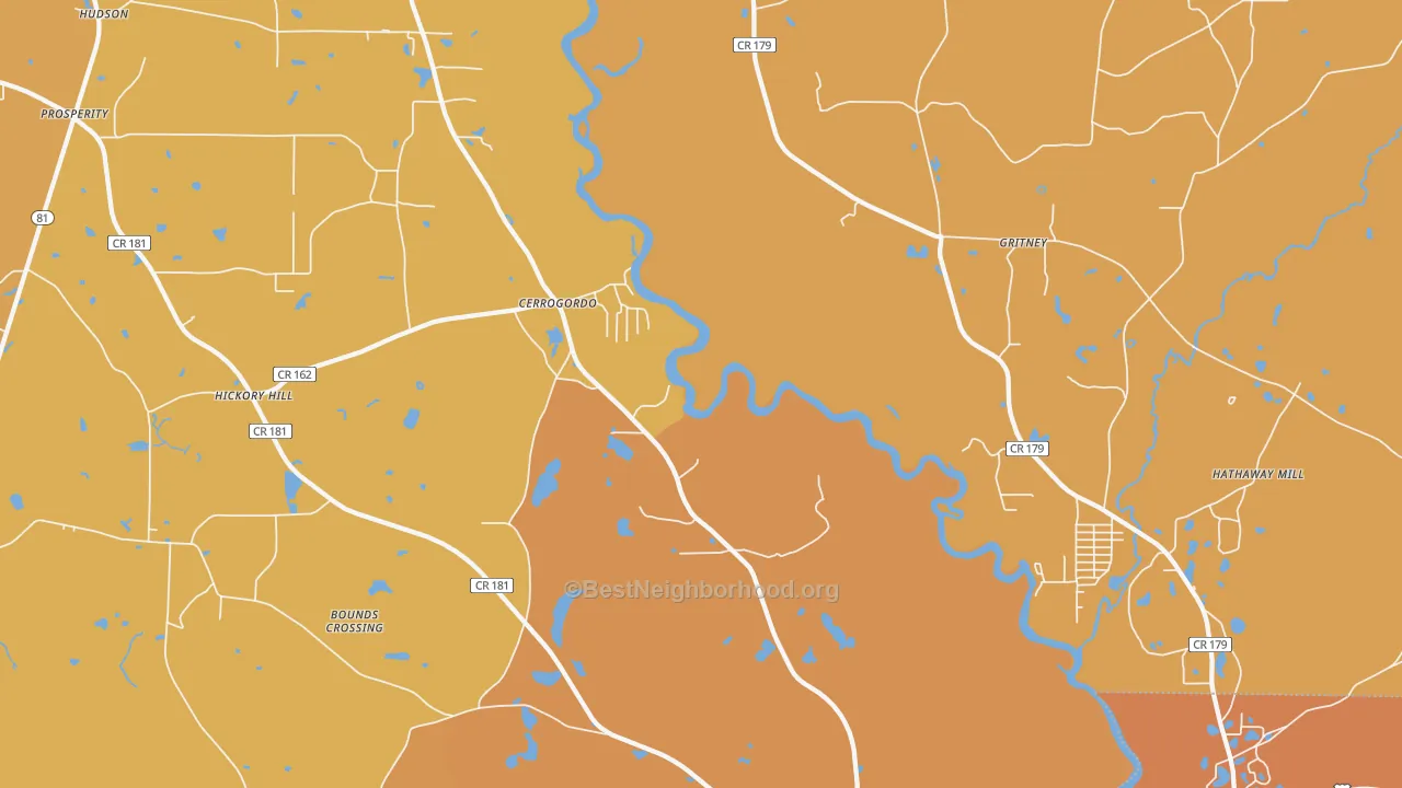 Map of the best neighborhoods in the Cerrogordo area, with better matches in green and worse matches in red