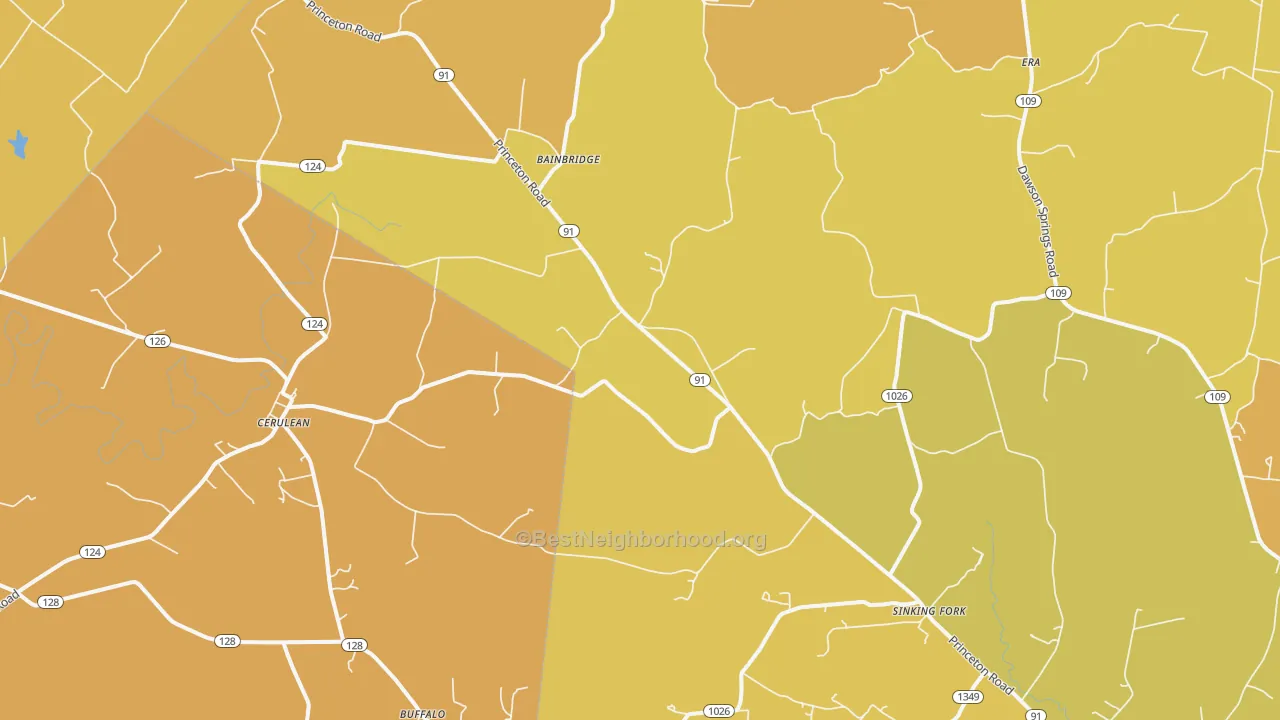 Map of the best neighborhoods in the Cerulean area, with better matches in green and worse matches in red
