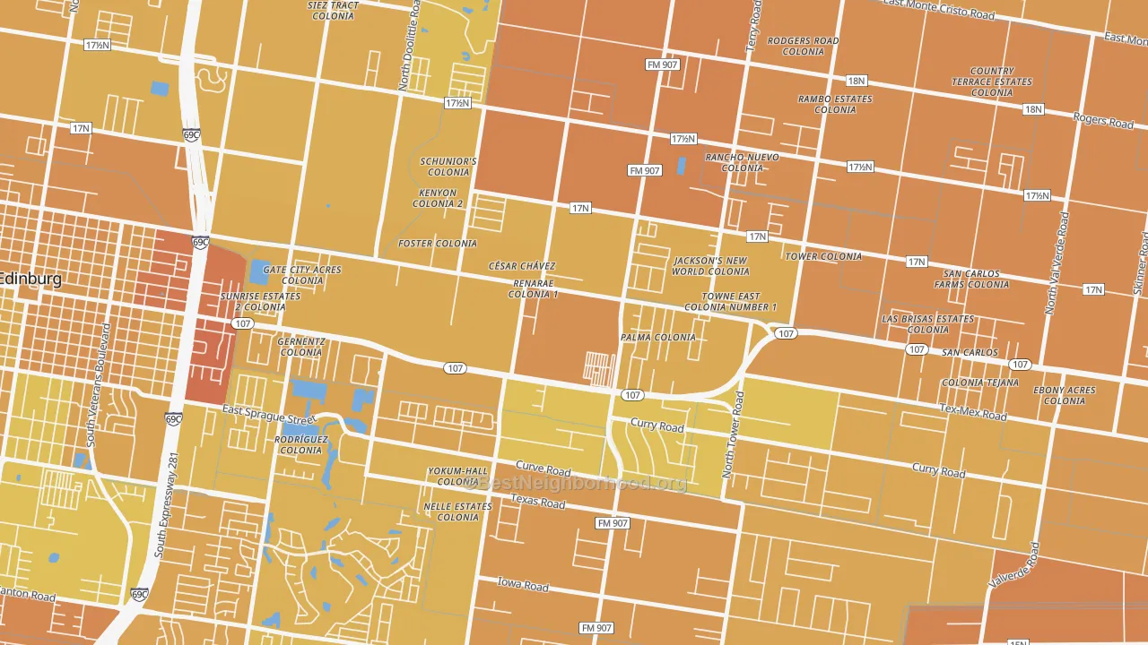 Map of the best neighborhoods in the Cesar Chavez area, with better matches in green and worse matches in red