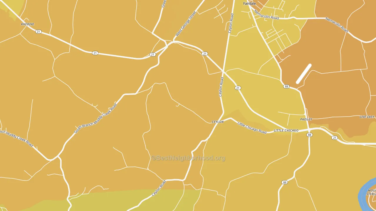 Map of the best neighborhoods in the Ceylon area, with better matches in green and worse matches in red