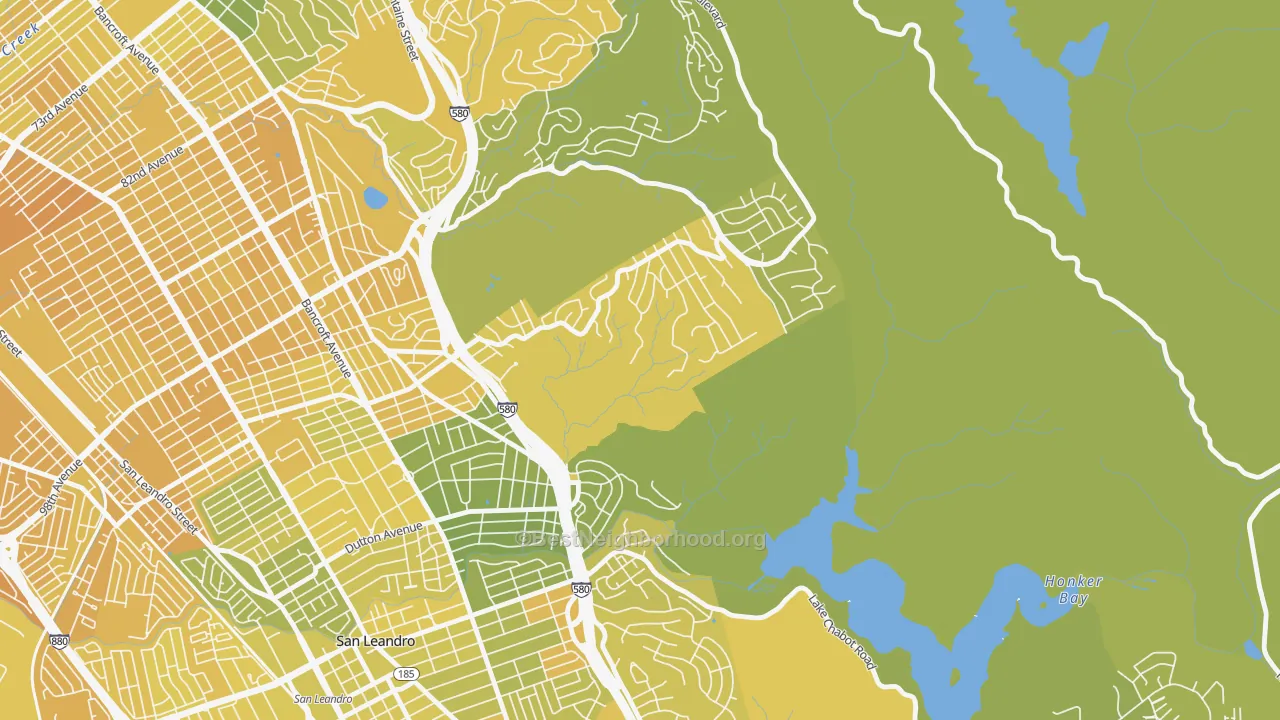 Map of the best neighborhoods in the Chabot Park, Oakland area, with better matches in green and worse matches in red