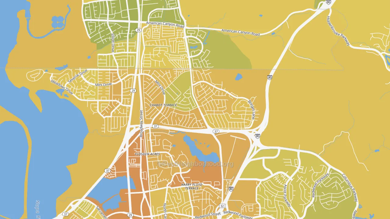Map of the best neighborhoods in the Chabot Terrace, Vallejo area, with better matches in green and worse matches in red