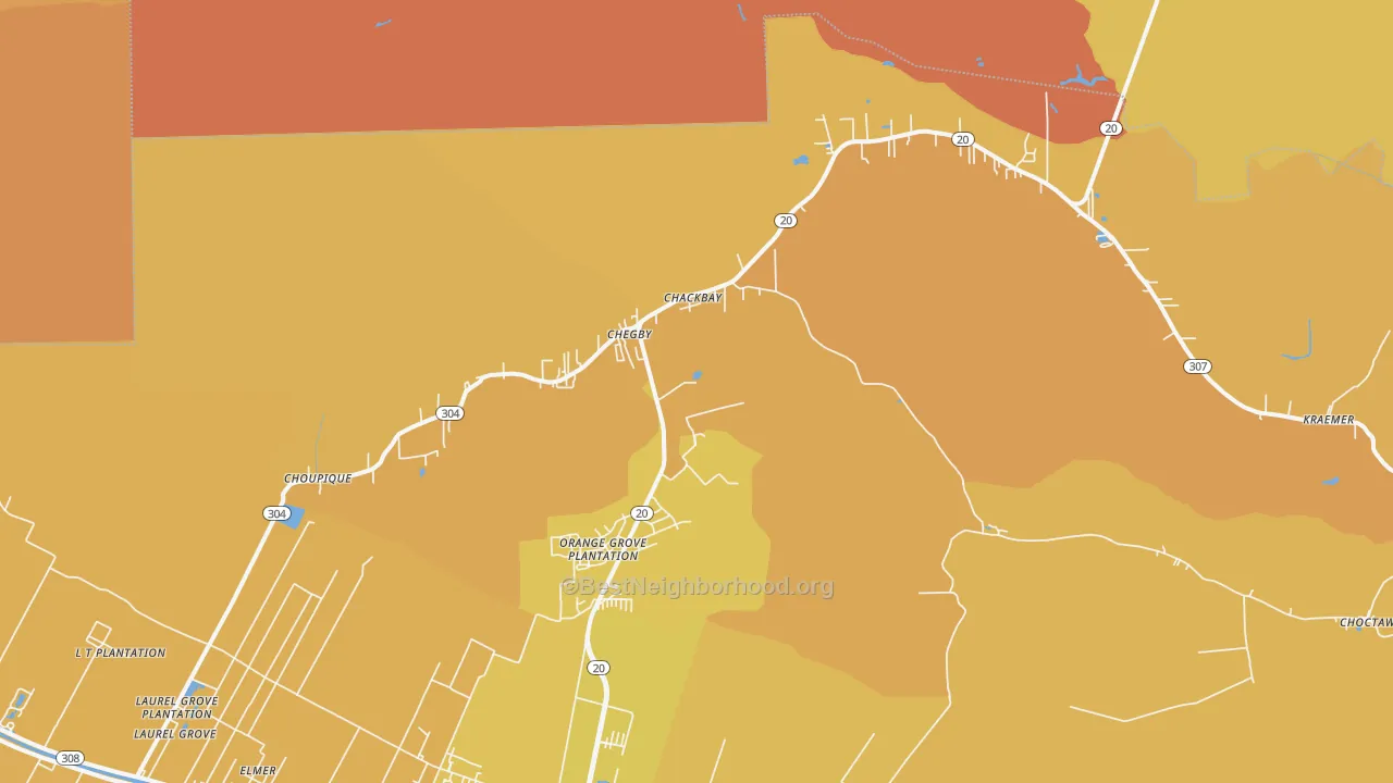 Map of the best neighborhoods in the Chackbay area, with better matches in green and worse matches in red