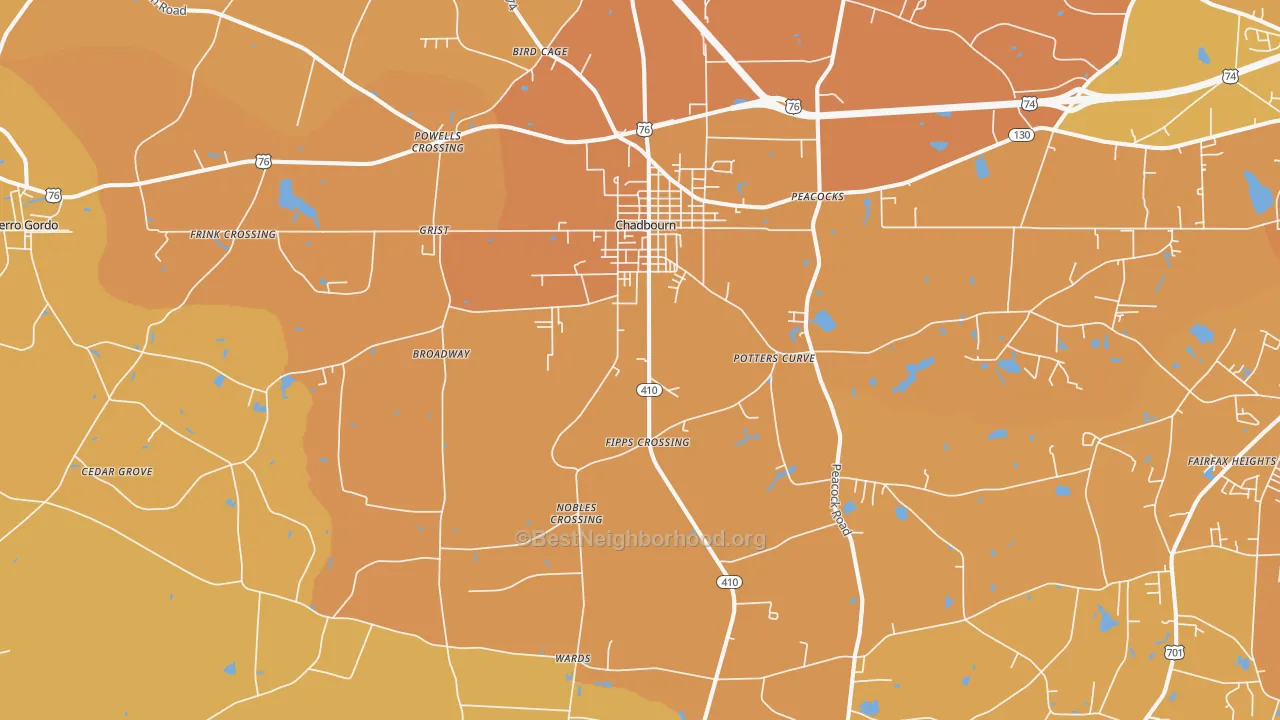 Map of the best neighborhoods in the Chadbourn area, with better matches in green and worse matches in red