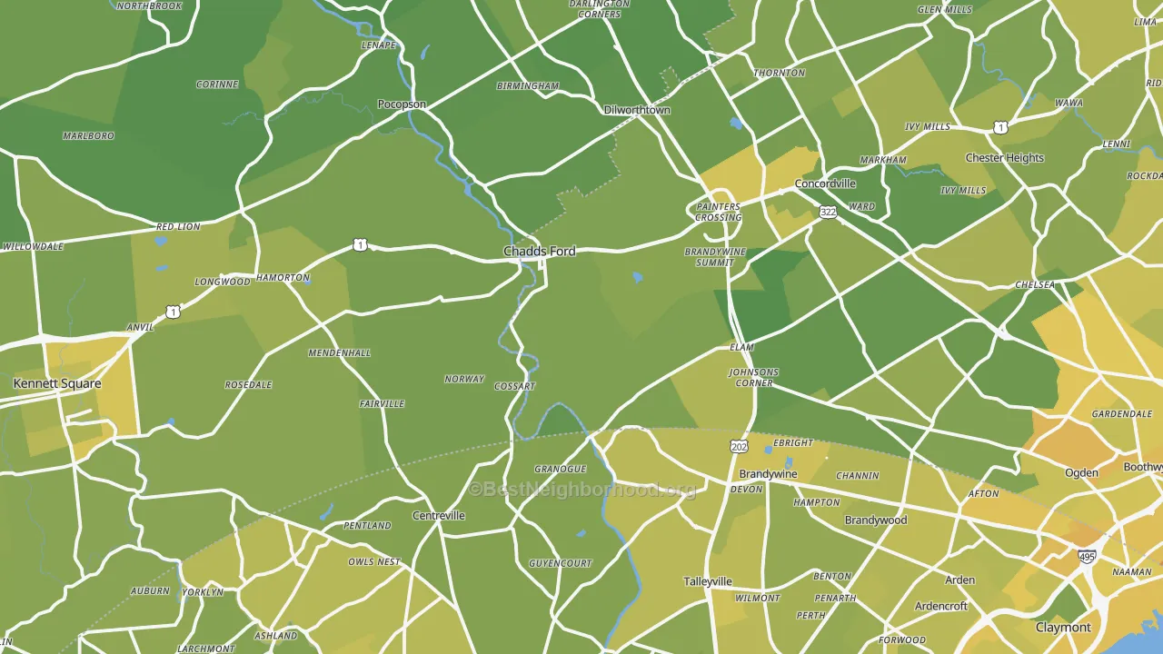 Map of the best neighborhoods in the Chadds Ford area, with better matches in green and worse matches in red