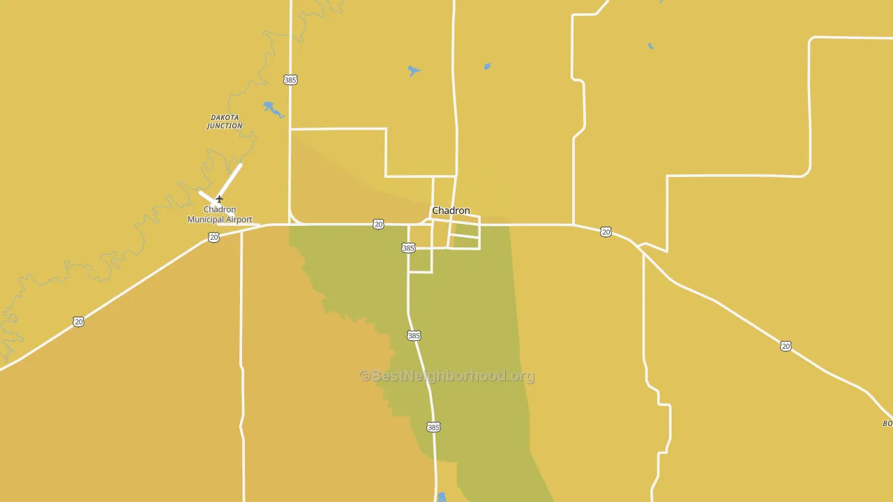 Map of the best neighborhoods in the Chadron area, with better matches in green and worse matches in red