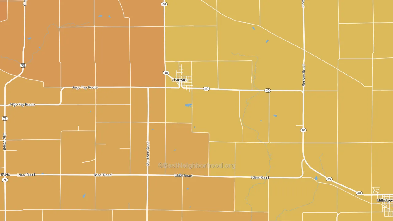 Map of the best neighborhoods in the Chadwick area, with better matches in green and worse matches in red