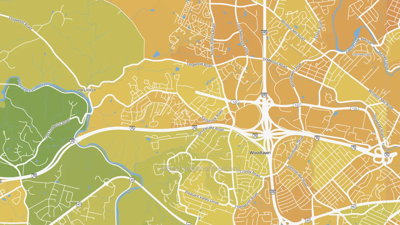 Map of the best neighborhoods in the Chadwick Manor, Woodlawn area, with better matches in green and worse matches in red