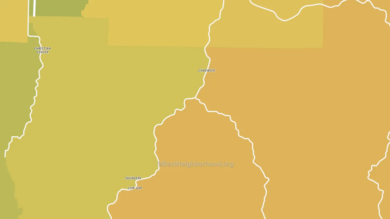 Map of the best neighborhoods in the Chadwick area, with better matches in green and worse matches in red