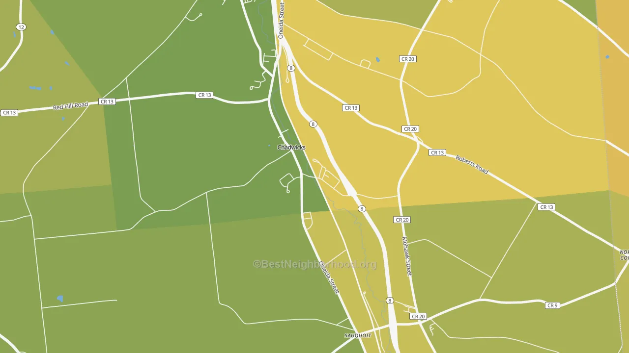 Map of the best neighborhoods in the Chadwicks area, with better matches in green and worse matches in red