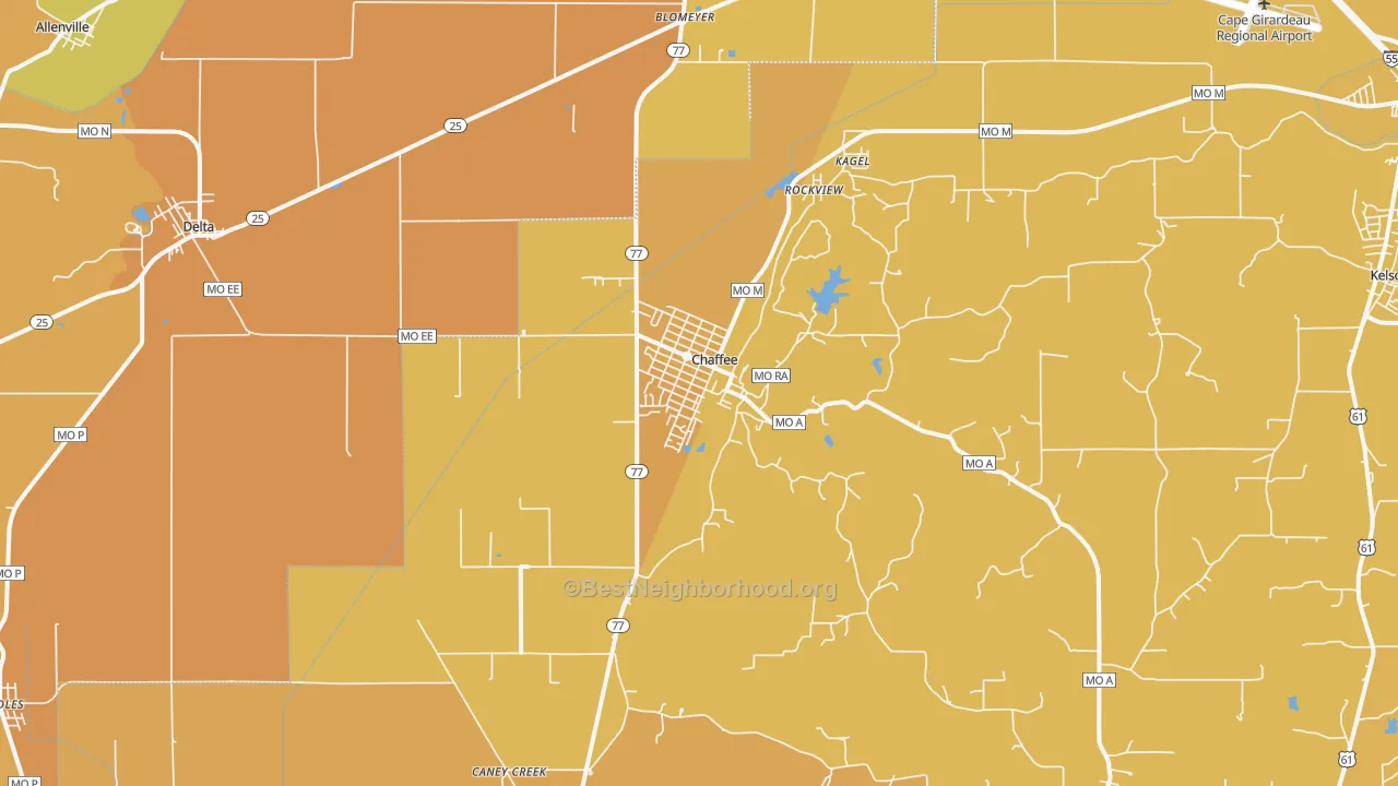 Map of the best neighborhoods in the Chaffee area, with better matches in green and worse matches in red
