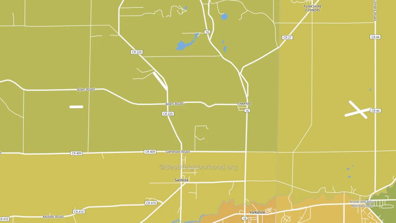 Map of the best neighborhoods in the Chaffee area, with better matches in green and worse matches in red