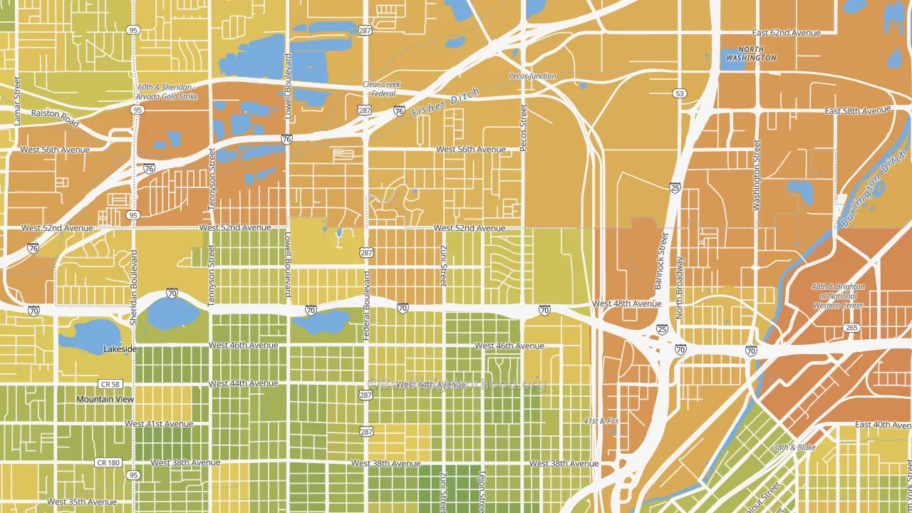 Map of the best neighborhoods in the Chaffee Park, Denver area, with better matches in green and worse matches in red