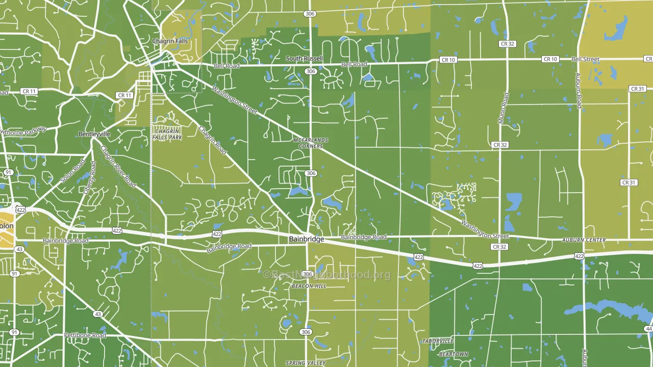Map of the best neighborhoods in the Chagrin Falls area, with better matches in green and worse matches in red