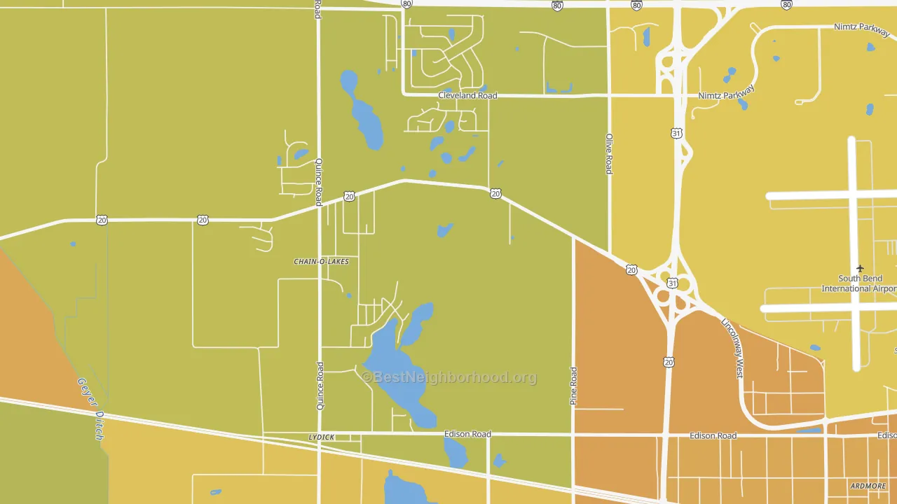 Map of the best neighborhoods in the Chain-O-Lakes area, with better matches in green and worse matches in red