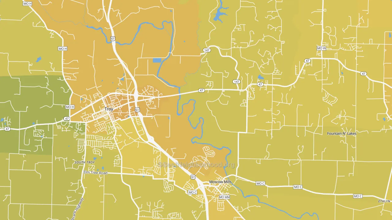 Map of the best neighborhoods in the Chain of Rocks area, with better matches in green and worse matches in red