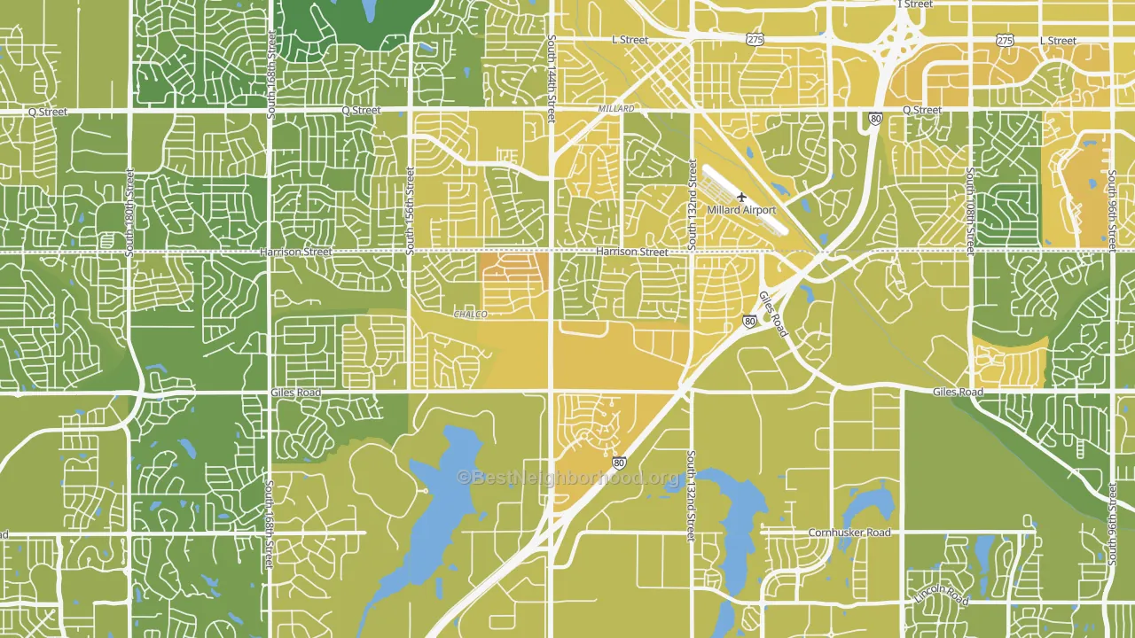 Map of the best neighborhoods in the Chalco area, with better matches in green and worse matches in red