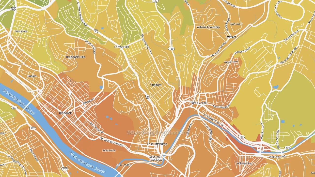 Map of the best neighborhoods in the Chalfant area, with better matches in green and worse matches in red