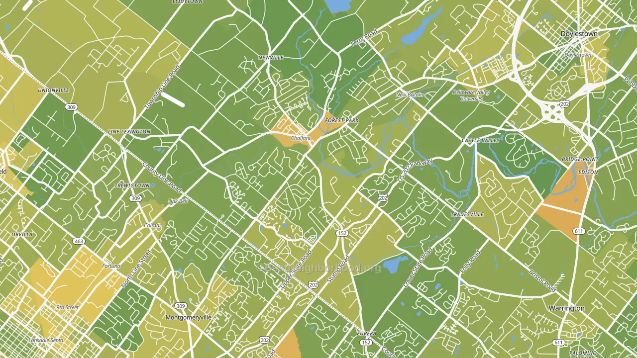 Map of the best neighborhoods in the Chalfont area, with better matches in green and worse matches in red
