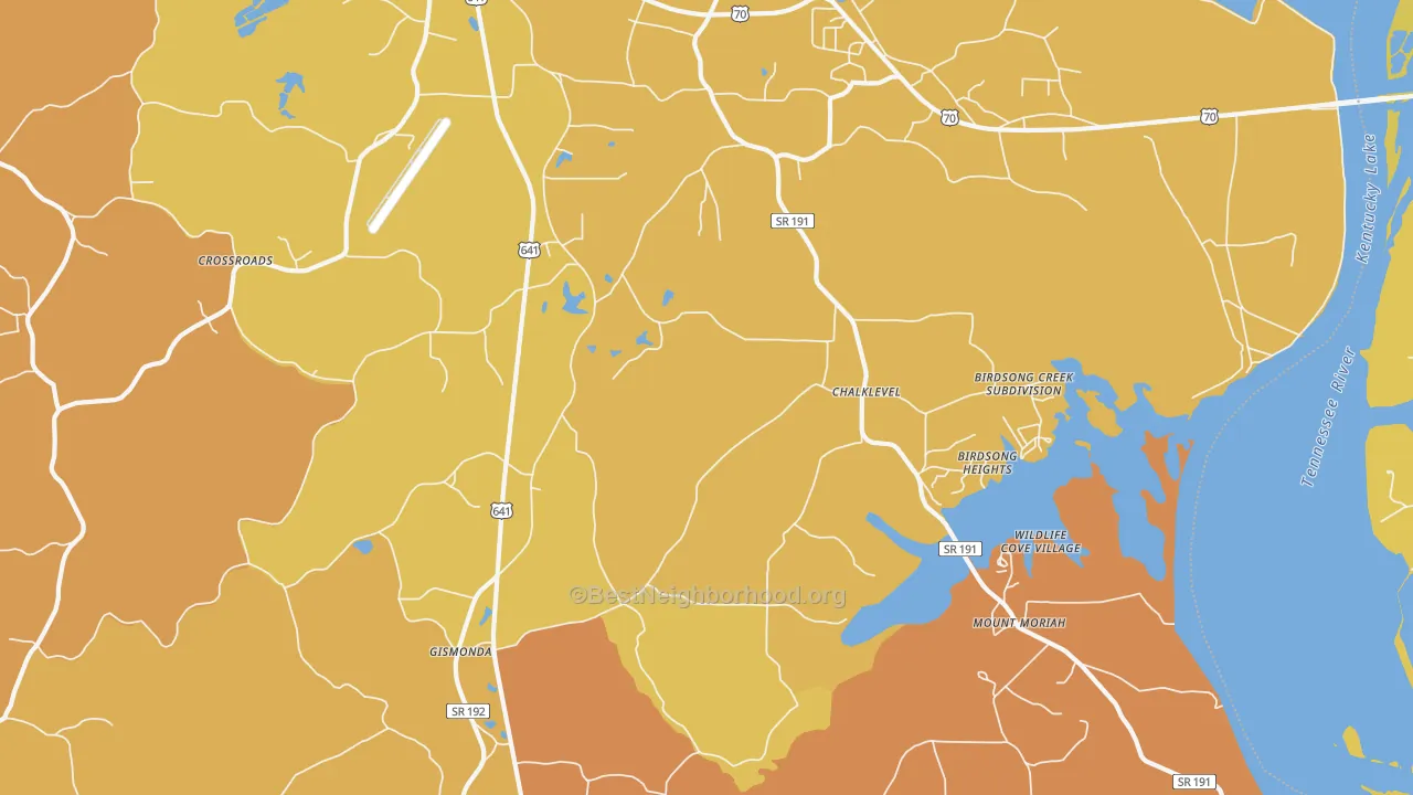 Map of the best neighborhoods in the Chalklevel area, with better matches in green and worse matches in red