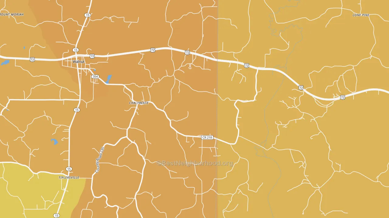 Map of the best neighborhoods in the Chalybeate area, with better matches in green and worse matches in red