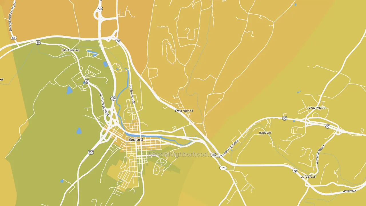 Map of the best neighborhoods in the Chalybeate area, with better matches in green and worse matches in red