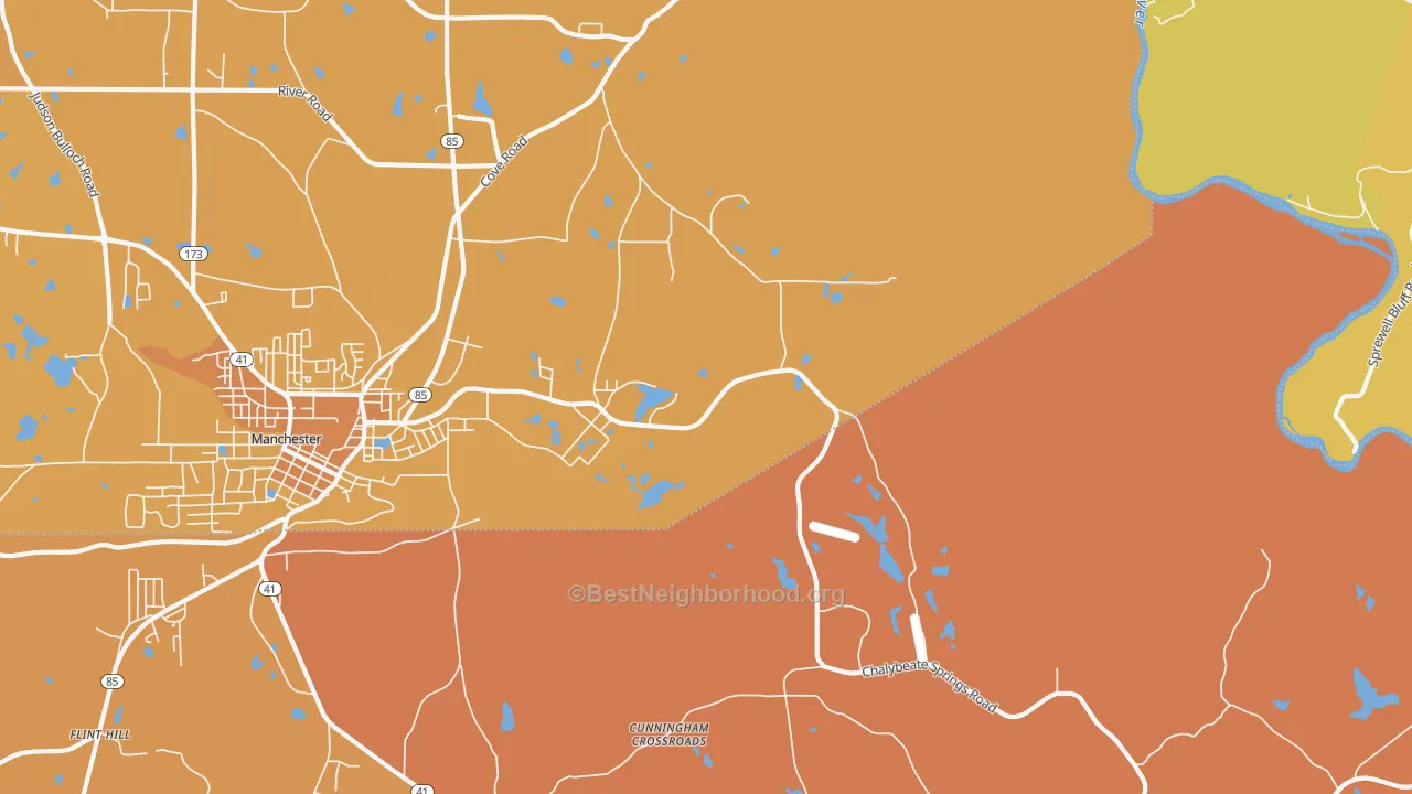 Map of the best neighborhoods in the Chalybeate Springs area, with better matches in green and worse matches in red