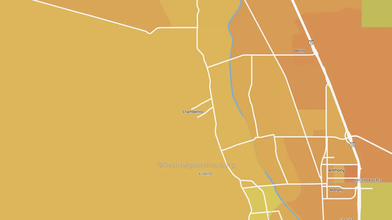 Map of the best neighborhoods in the Chamberino area, with better matches in green and worse matches in red