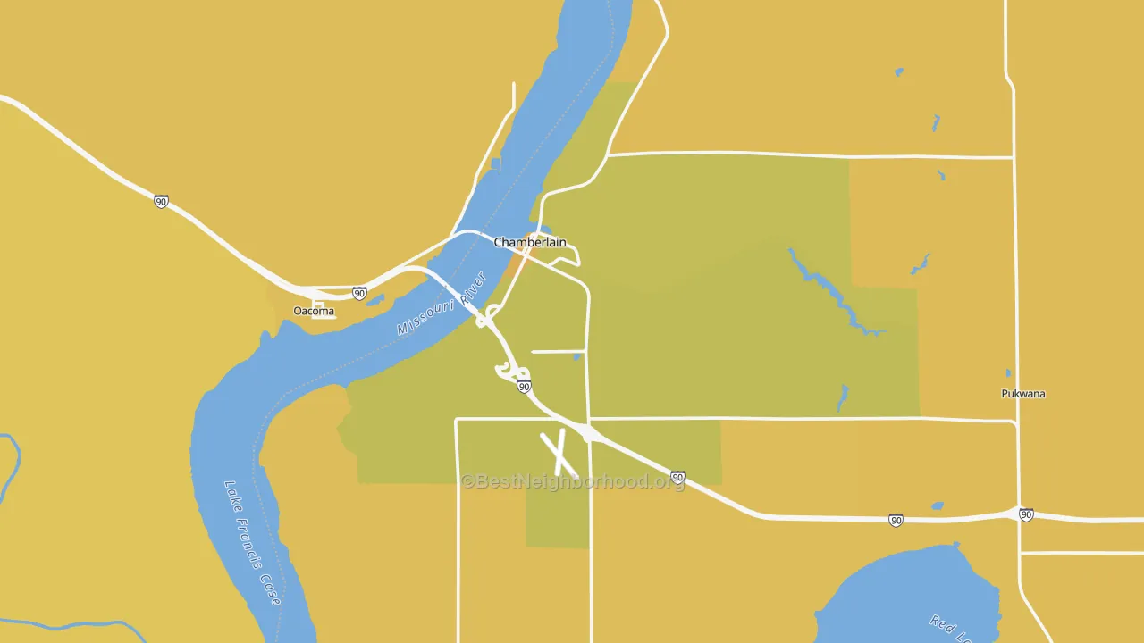 Map of the best neighborhoods in the Chamberlain area, with better matches in green and worse matches in red