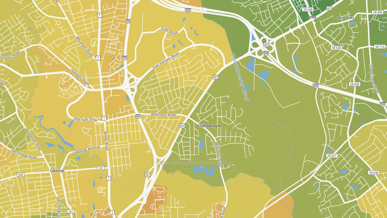 Map of the best neighborhoods in the Chamberlayne area, with better matches in green and worse matches in red