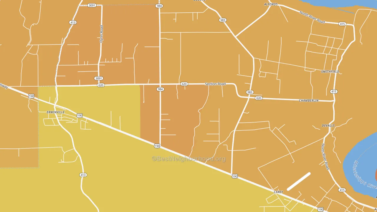 Map of the best neighborhoods in the Chamberlin area, with better matches in green and worse matches in red